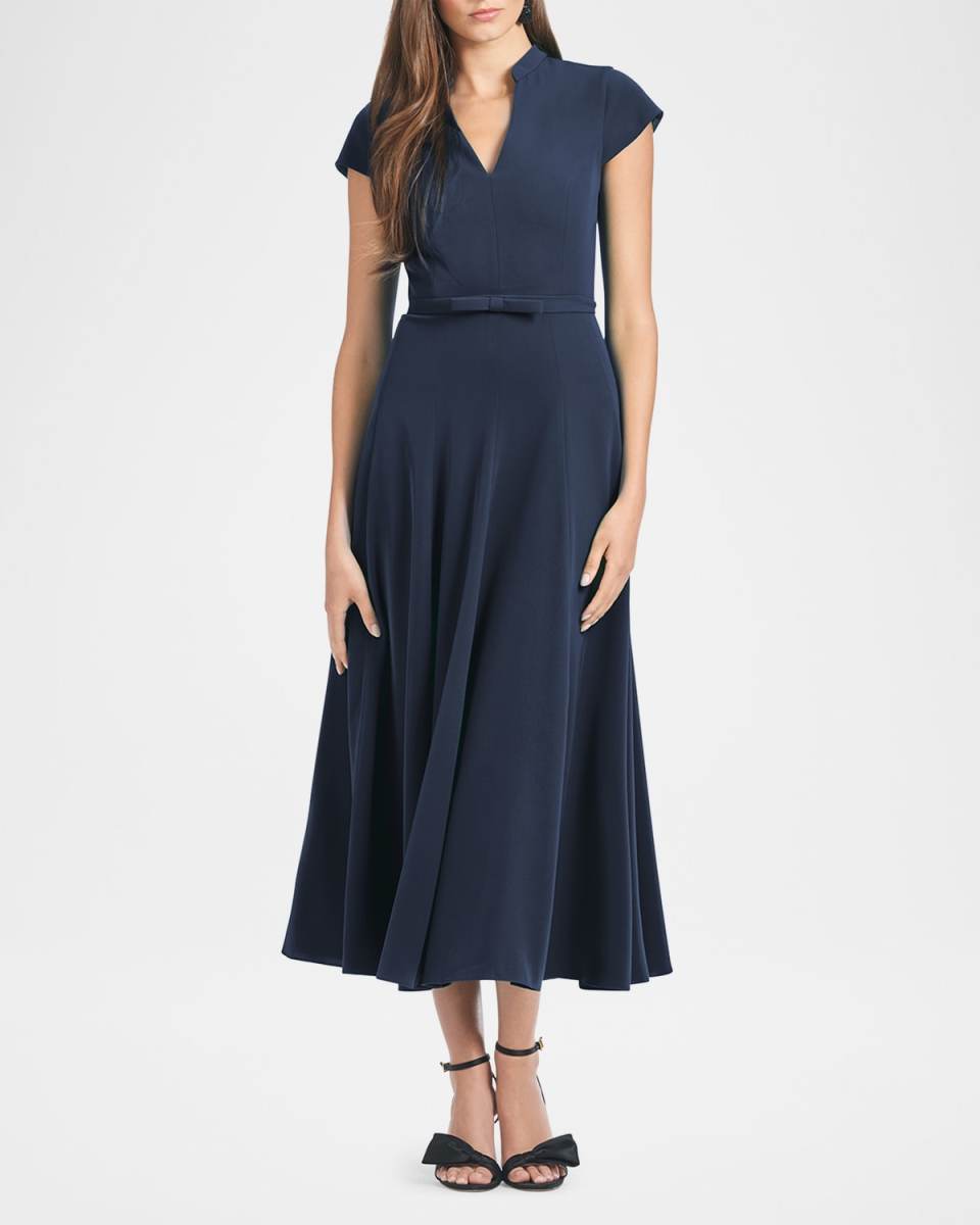 Marin Belted Cap-Sleeve Midi Dress